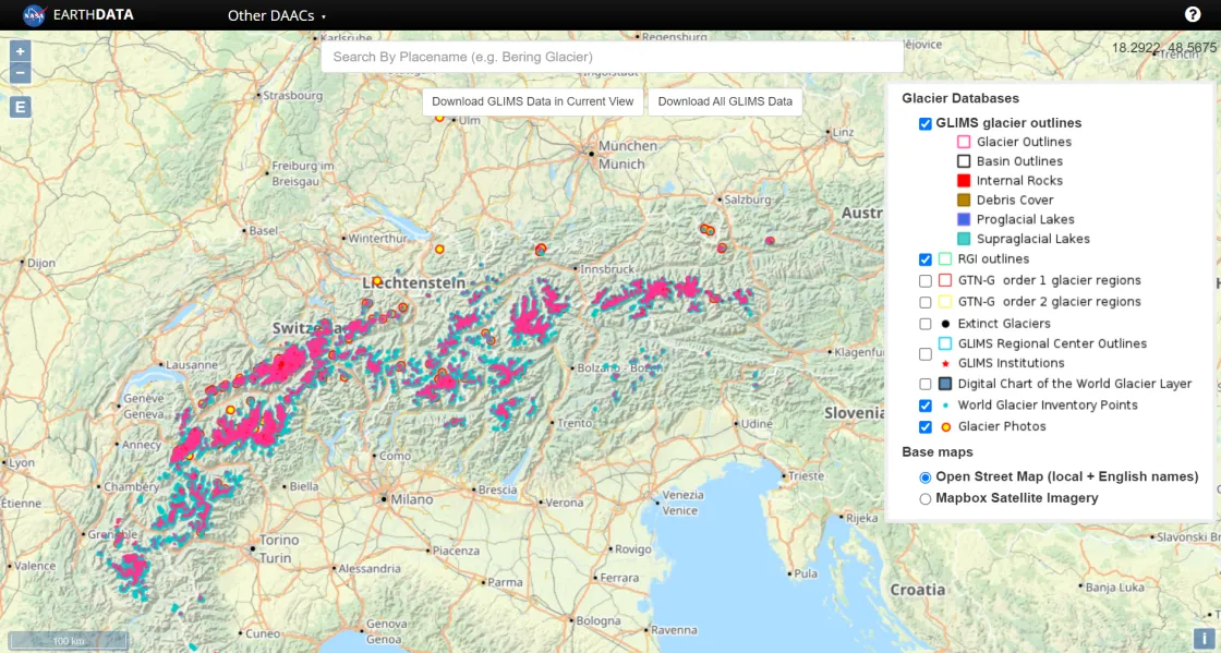 The Global Land Ice Measurements from Space (GLIMS) Glacier Viewer is an interactive, multitemporal map showcasing and giving access to information held in the GLIMS Glacier Database, including glacier geometry, glacier area, snowlines, supraglacial lakes and rock debris, and images of glaciers from the NSIDC Glacier Photograph Collection. 