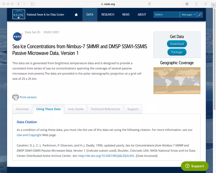 Screen capture of NSIDC data product page showing the recommended data citation