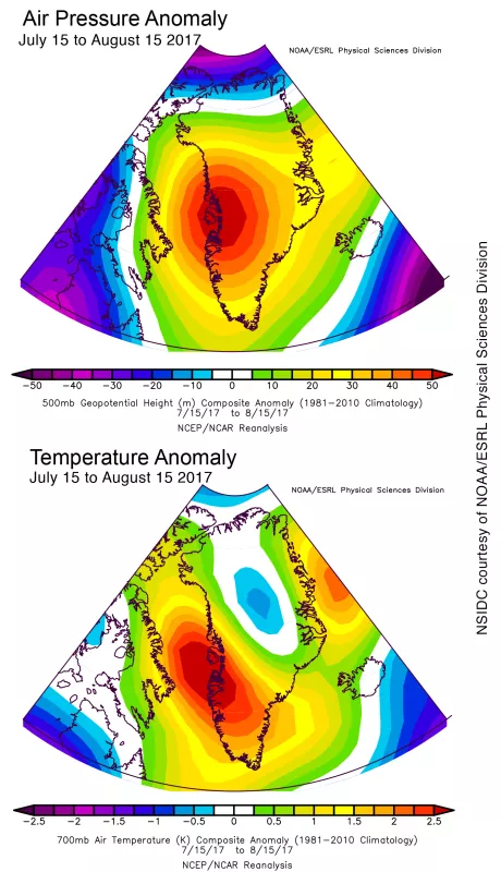 This plot shows the air pressure anomaly (altitude departure from average at a 500 millibar pressure level) for July 15 to August 15, 2017. Figure 3b. This plot shows temperature departure from average at the 700 millibar level (approximately 10,000 feet above sea level) for July 15 to August 15. The reference period for both plots is 1981 to 2010.