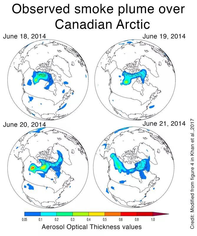 Imagery of an observed smoke plume drifting towards Greenland (June 2014)