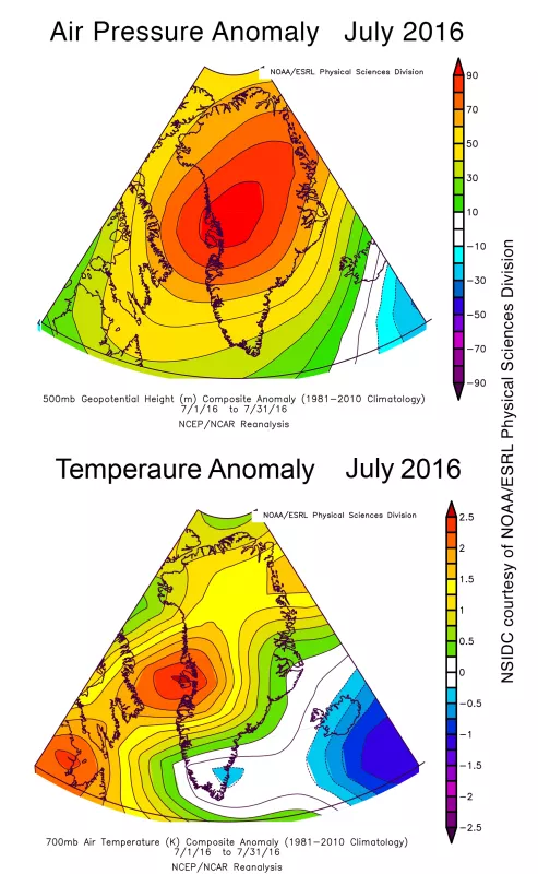 This plot shows the air pressure anomaly (altitude departure from the average of the 500 millibar pressure level) for July 2016. Figure 3b. This plot shows temperature departure from average at the 700 millibar level (approximately 10,000 feet above sea level) for July 2016. The reference period for both plots is 1981 to 2010. Greenland