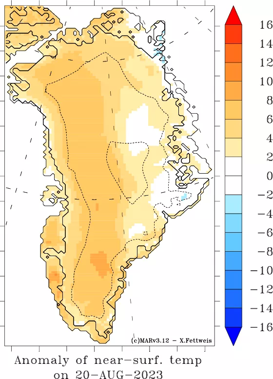 This animation map shows near-surface air temperature as a difference from average temperatures for August 20 to 26 from the climate model MARv3.12