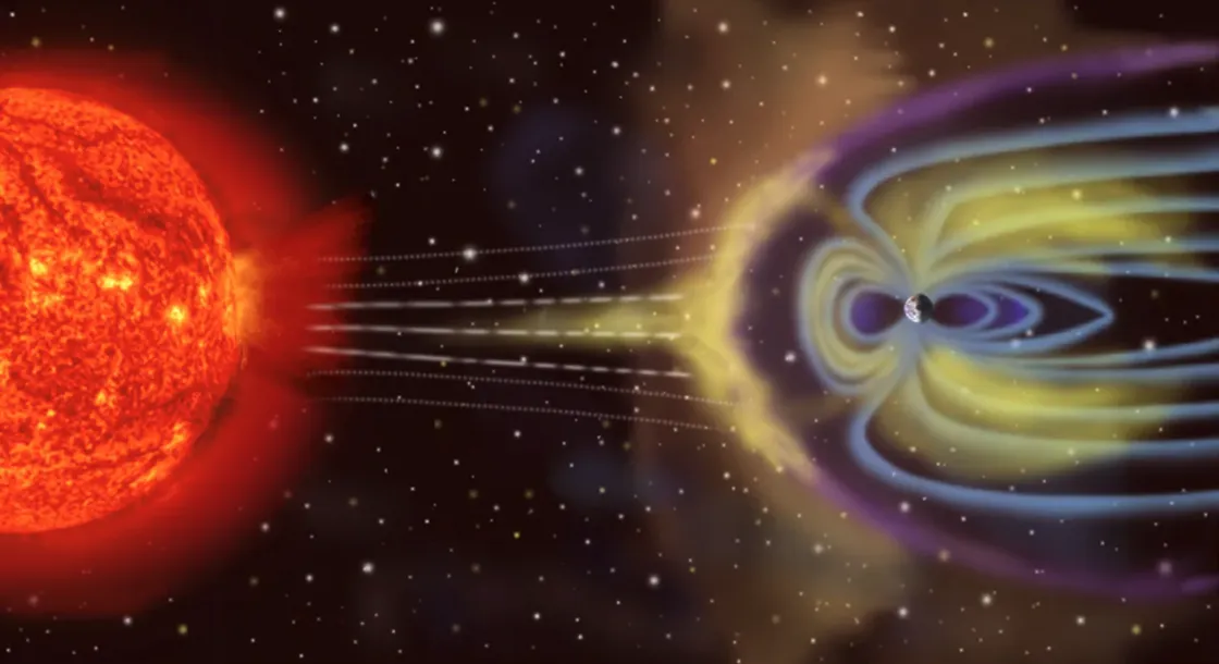 Diagram of Sun, Earth, and Earth's magnetosphere