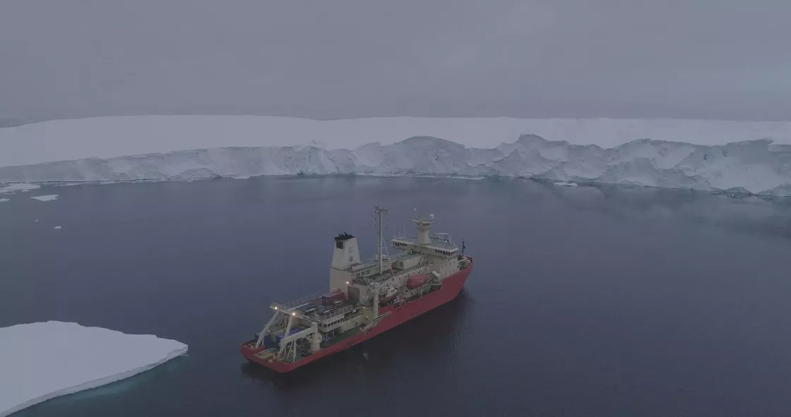 The Nathaniel B. Palmer, the icebreaker that carried Snow to Thwaites Glacier in Antarctica, at the ice front of the Thwaites ice shelf.