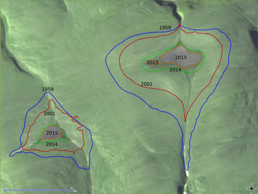 This outline of the St. Patrick Bay ice caps, taken from the 2017 The Cryosphere paper, is based on aerial photography from August 1959, GPS surveys conducted during August 2001, and for August of 2014 and 2015 from NASA’s Advanced Spaceborne Thermal Emission and Reflection Radiometer (ASTER). 