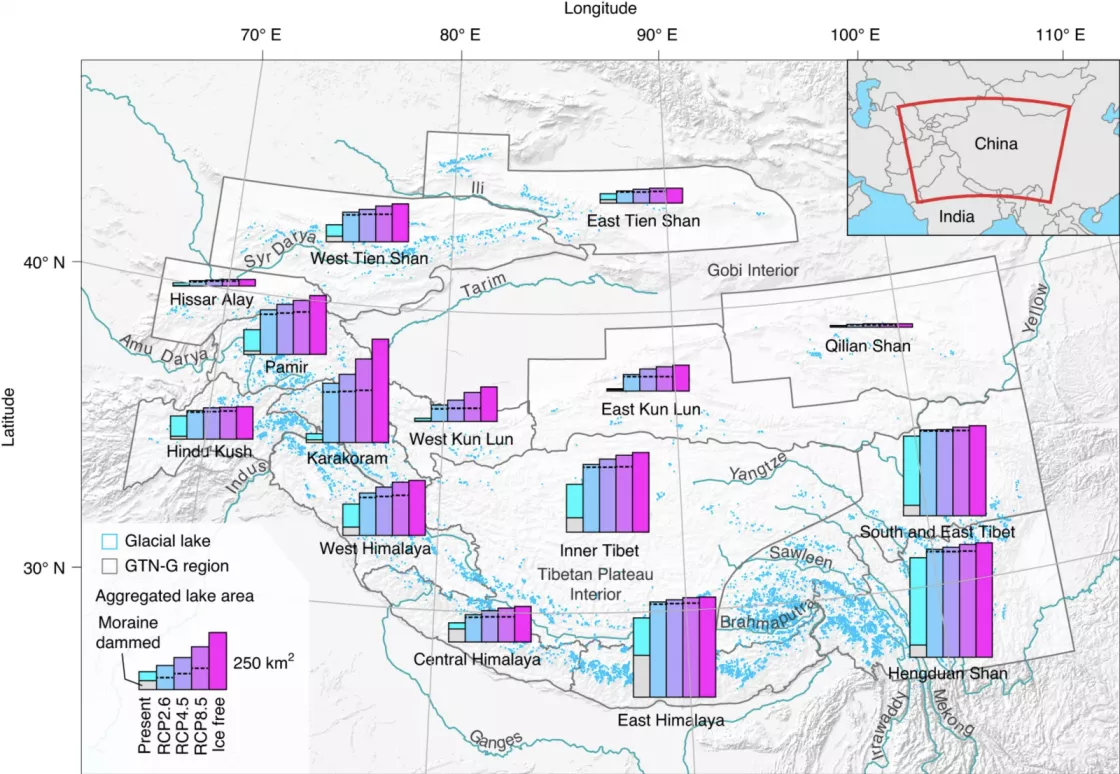 map of glacial lakes in Himalaya