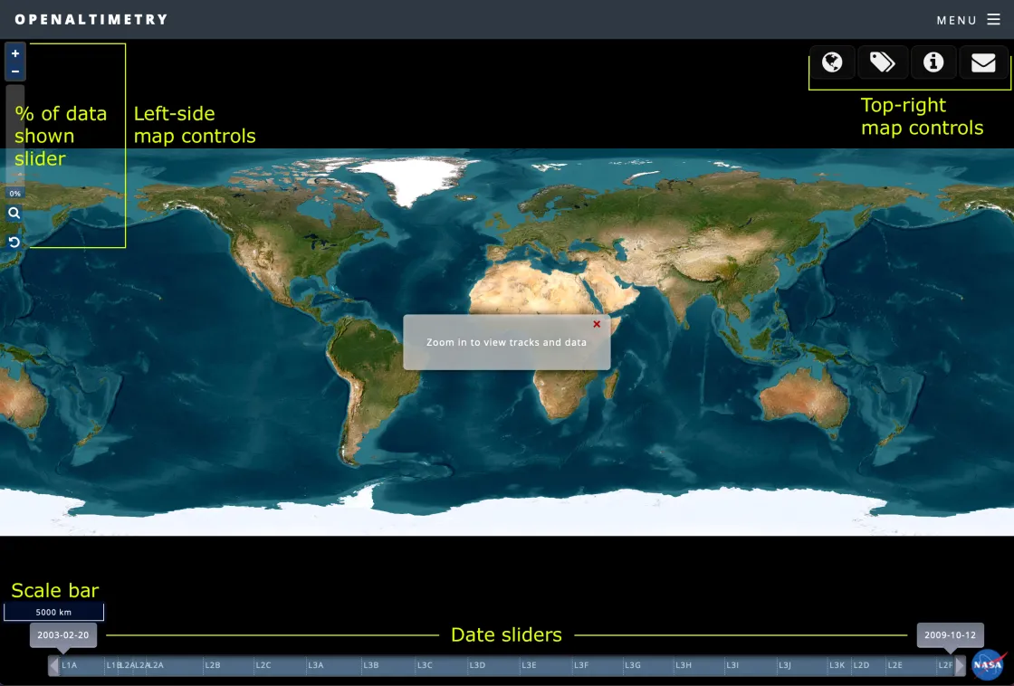 OpenAltimetry opening screen for ICESat, annotated