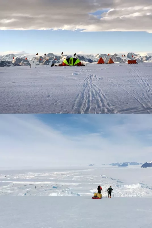 top, camp on Cape Disappointment; bottom, researchers pull instruments