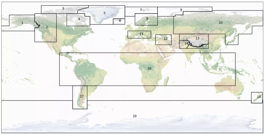 The 19 glacier regions as defined by the GTN-G. 