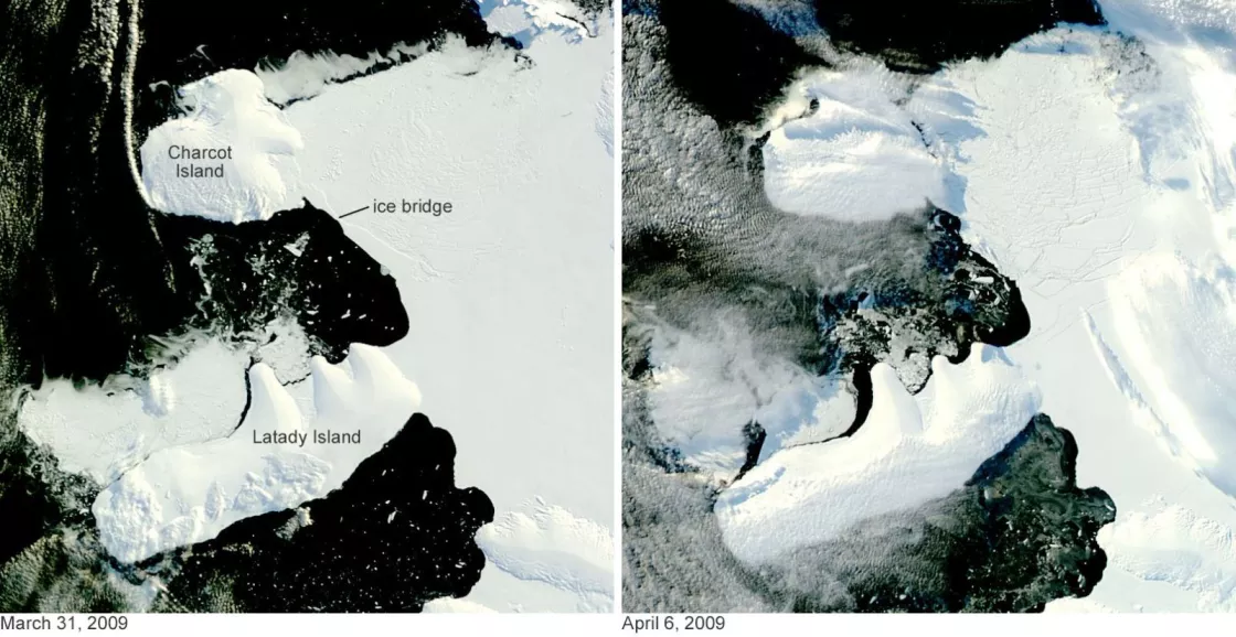 Ice bridge before and after