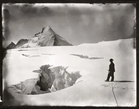 Crevasse in dissipator of Stockje Glacier. Aug. 11, 1894. Photographed by Harry F. Reid. Image Credit: Courtesy NSIDC Glacier Photograph Collection NSIDC Glacier Photograph Collection