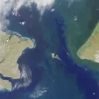 Terra satellite image uses the multi-angle imaging spectroradiometer (MISR) instrument to visualize the Bering Strait, with the Chukchi Sea to the north. Russia is on the left, Alaska is on the right.