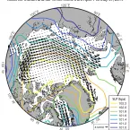 Map of the Arctic shows average fields of ice drift and sea level pressure (SLP) from April 1 to May 31, 2019.