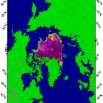 This image from the Japan Aerospace Exploration Agency (JAXA) Advanced Microwave Scanning Radiometer 2 (AMSR2) shows sea ice concentration in the Arctic Ocean on October 2, 2023.