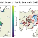 The map on the left shows the melt onset of Arctic Sea Ice for 2023. Different in 2023 melt onset date with the 1981 to 2010 melt date. Red indicates earlier than average melt onset; blue indicates later than average melt onset.