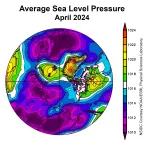 his plot shows the average sea level pressure in the Arctic in millibars for April 2024.