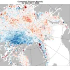 This plot shows the difference in sea ice thickness between April 2024 and the 2011 to 2023 April average.