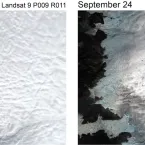 Landsat satellite images show the western edge of the Greenland Ice Sheet on September 8, on the left, and September 24, on the right,