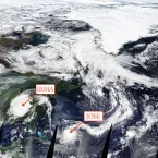 In this Moderate Resolution Imaging Spectroradiometer (MODIS) true color image, remnants of Hurricane Irma pass over southeastern United States. Meanwhile, a warm air mass south of Greenland is causing surface air temperatures to rise.