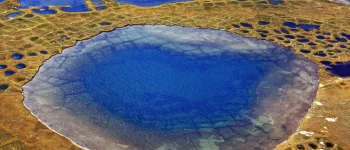 Aerial landscape image of patterned ground on Taymyr Peninsula, Russia